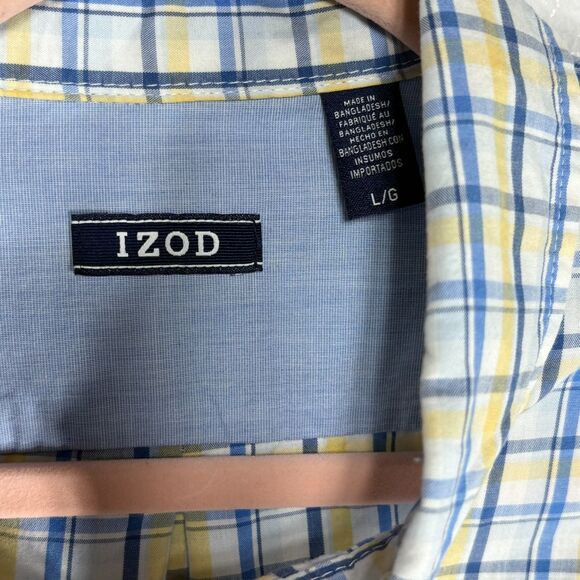 IZOD Shirt Men's Size LG Blue Yellow White Plaid Button Down Short Sleeve Pocket - Picture 5 of 11
